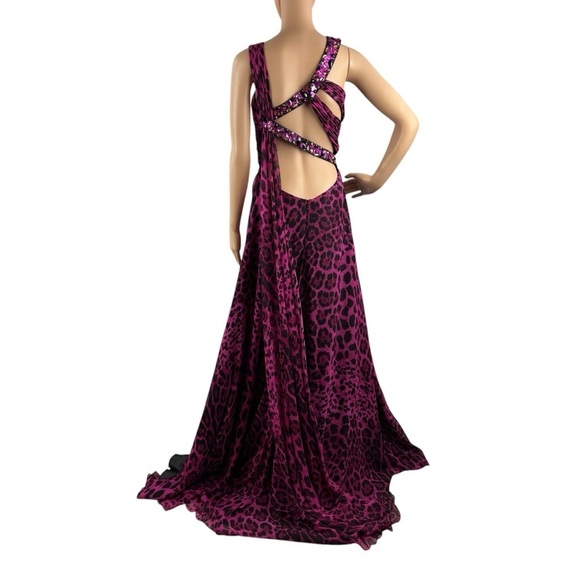 Cassandra Stone by Mac Duggal One-Shoulder Gown 2 Fuchsia Leopard Print Beaded - Picture 8 of 16